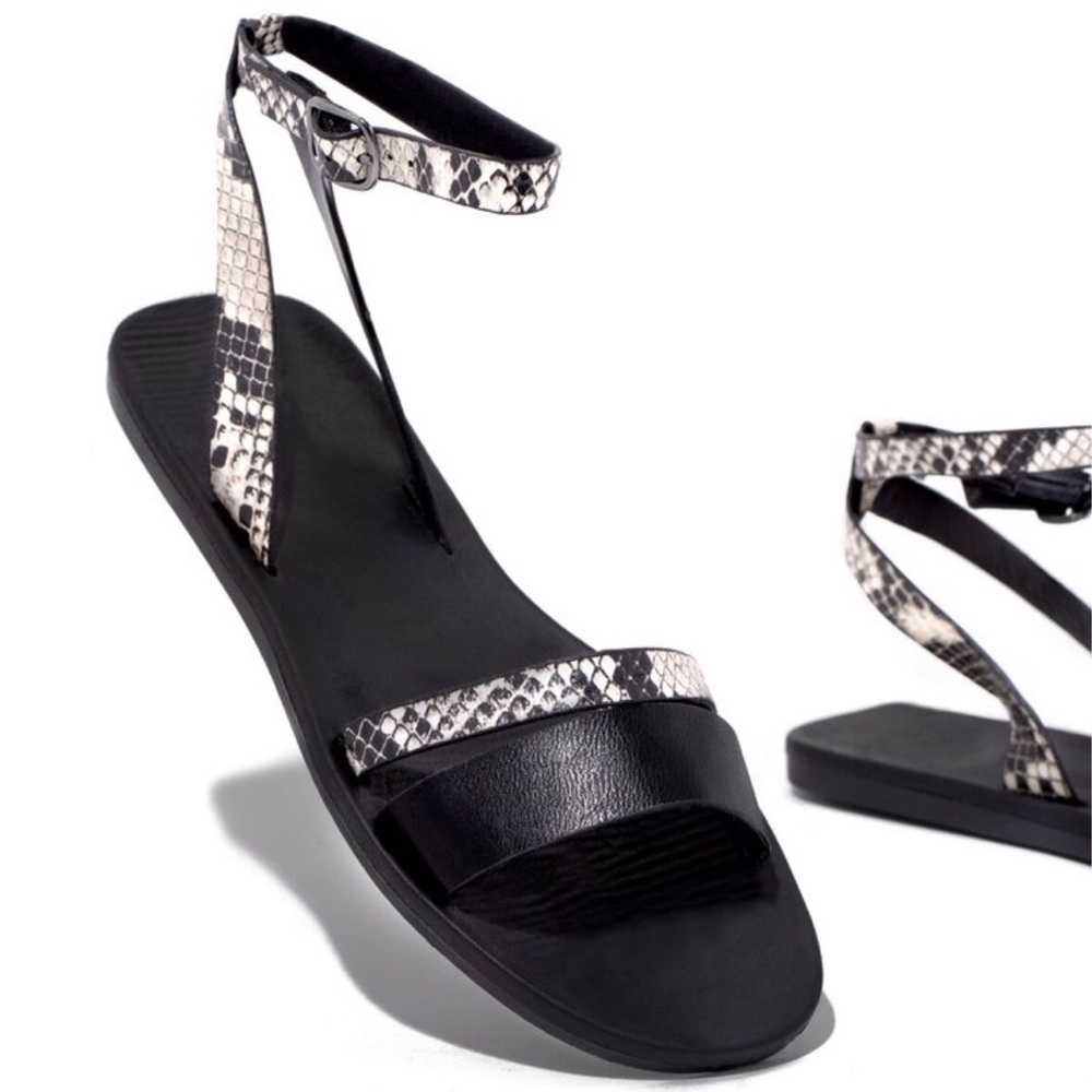Black Snake Print Ankle Strap Flat Sandal - Picture 5 of 10